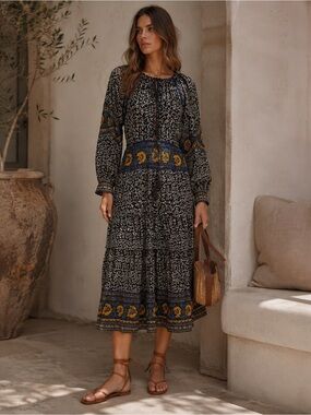 La Perla 100% Silk Beaded Bohemian Midi Dress | Tassel Tie | Resort | Size M